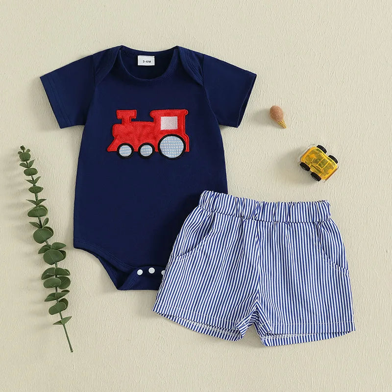 Train Appliqué Baby Boy Set – Navy Top and Striped Shorts