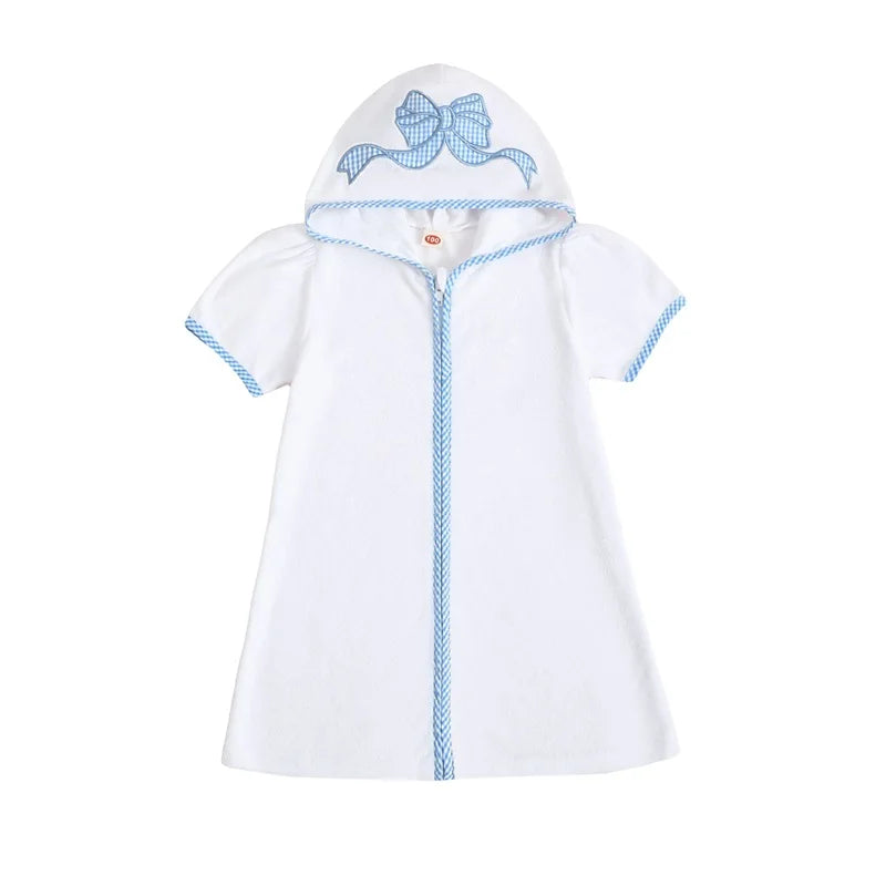 Lioraitiin Kid Swim Coverups Bow/Elephant Embroidery Short Sleeve Hooded Robe Zip-Up Towel Beachwear