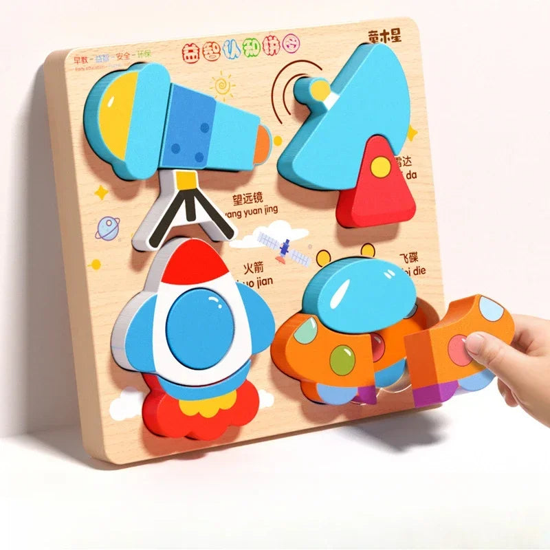 Montessori Cartoon 3D Wooden Puzzle Animal Traffic Jigsaw Toys for Kids