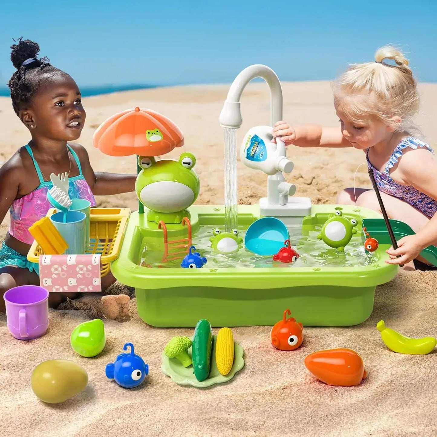 Frog-Themed Water Play Sink with Running Water for Kids