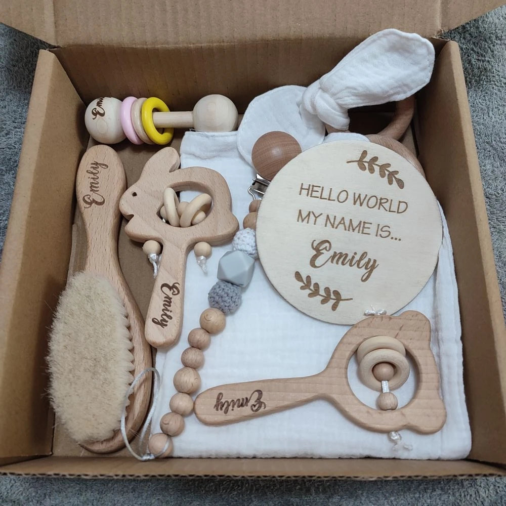 Baby Gift Box 8pcs with Personalized Name, Natural Wood Teether Rattle Set, Custom Baby Toy, Baby Name Announcement Baby Brush