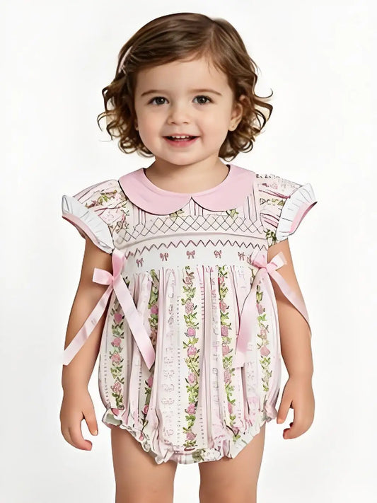 Baby Girls Summer Romper Short Sleeves Pink Bow Floral Print Cute Infant Outfit for Girls
