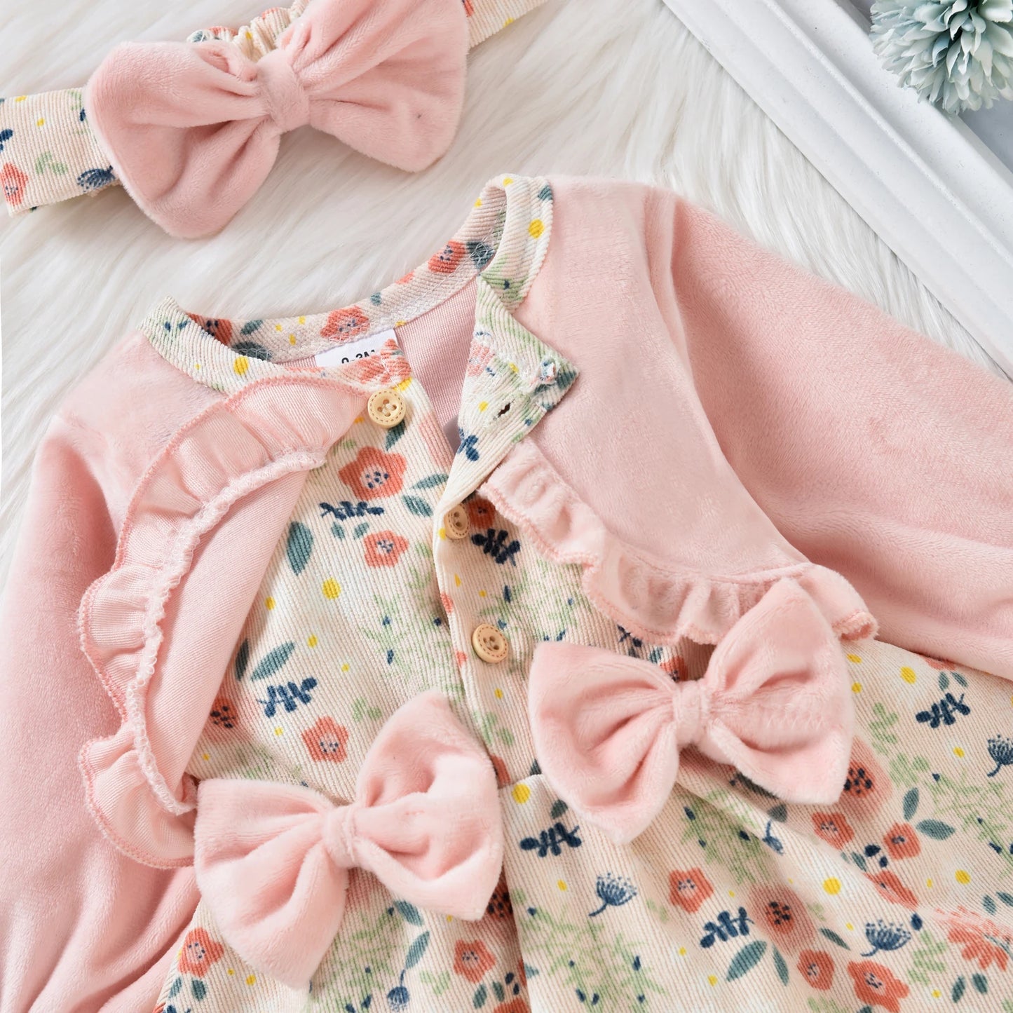 Citgeett Spring Princess Infant Baby Girls Bodysuit Dress Flowers Printed Patchwork Long Sleeve Bowknot Jumpsuits Headband