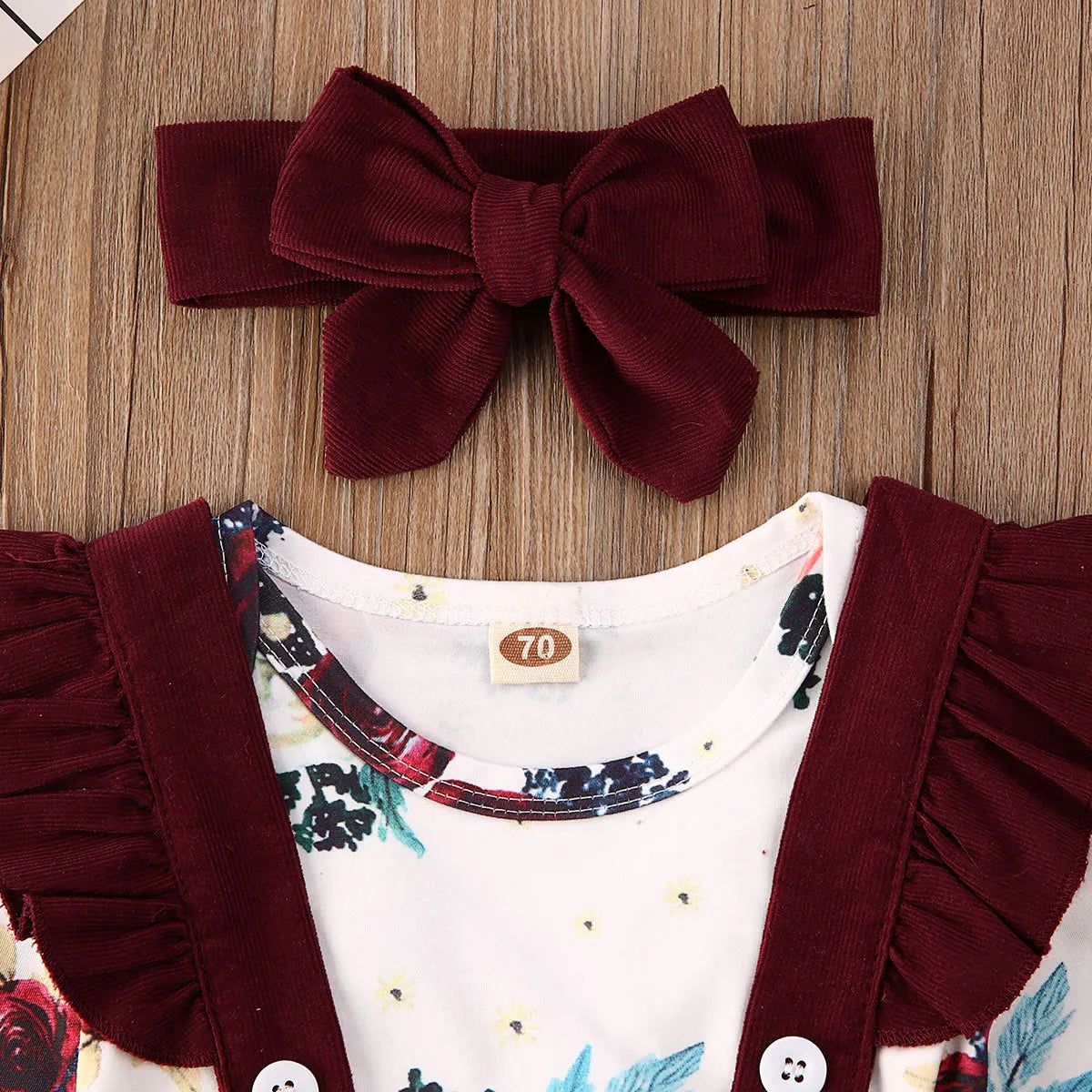 Citgeett Spring 3PCS Infant Baby Girl Floral Outfit Clothes Print Romper+Strap Skirts Dress Headband Autumn Set