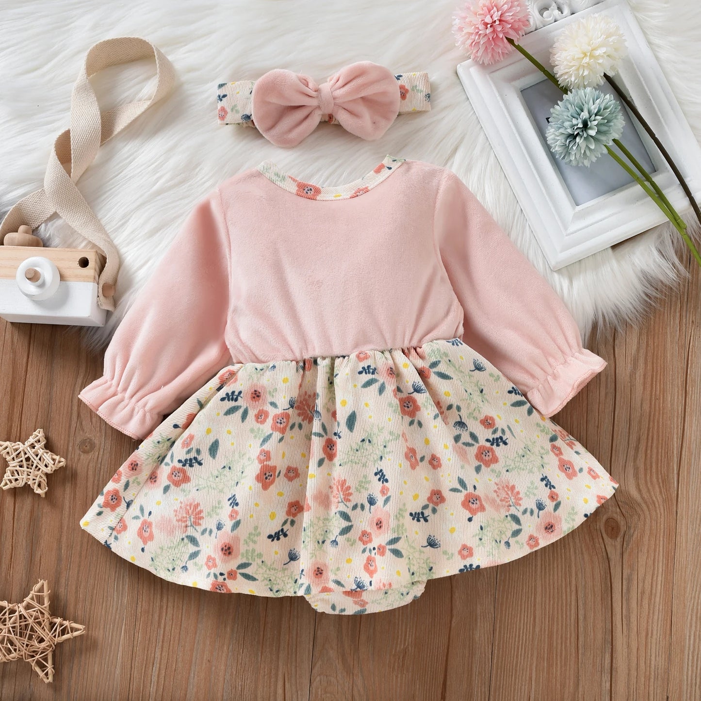 Citgeett Spring Princess Infant Baby Girls Bodysuit Dress Flowers Printed Patchwork Long Sleeve Bowknot Jumpsuits Headband
