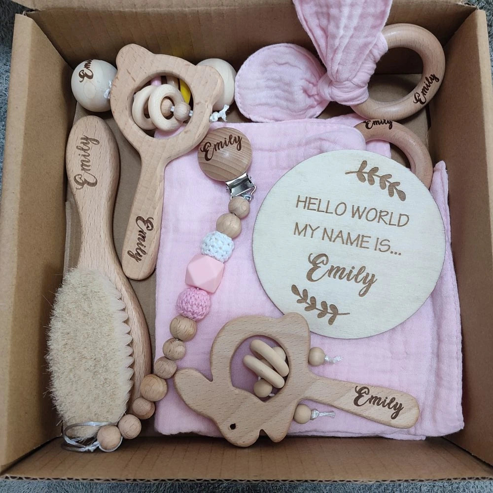 Baby Gift Box 8pcs with Personalized Name, Natural Wood Teether Rattle Set, Custom Baby Toy, Baby Name Announcement Baby Brush