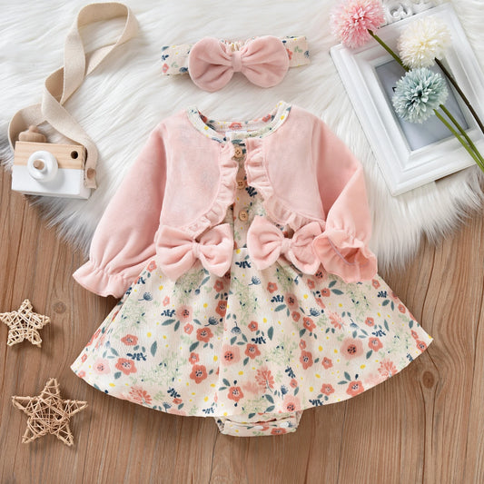 Citgeett Spring Princess Infant Baby Girls Bodysuit Dress Flowers Printed Patchwork Long Sleeve Bowknot Jumpsuits Headband