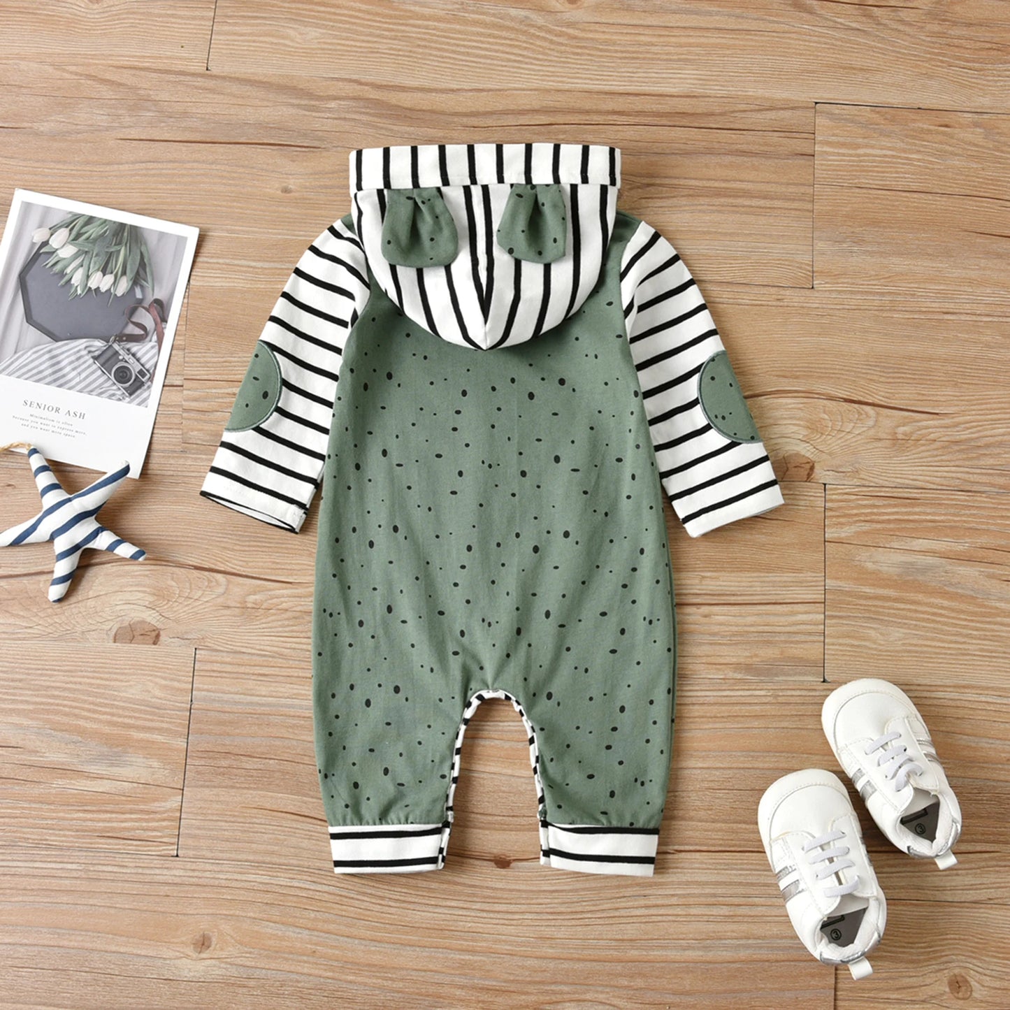 Citgeett Autumn Infant Baby Girls Boys Cartoon Rompers Dots Stripe Hooded Long Sleeves Jumpsuits Buttons Clothes