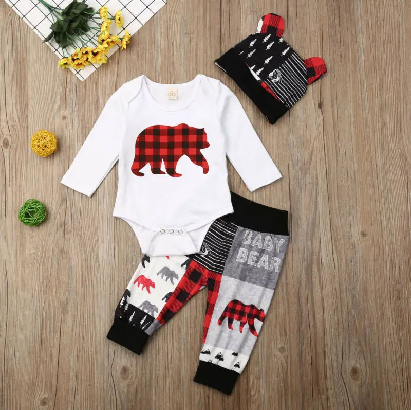 Plaid Bear Baby Outfit Set With Cozy Hat
