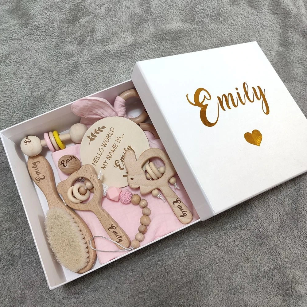 Baby Gift Box 8pcs with Personalized Name, Natural Wood Teether Rattle Set, Custom Baby Toy, Baby Name Announcement Baby Brush