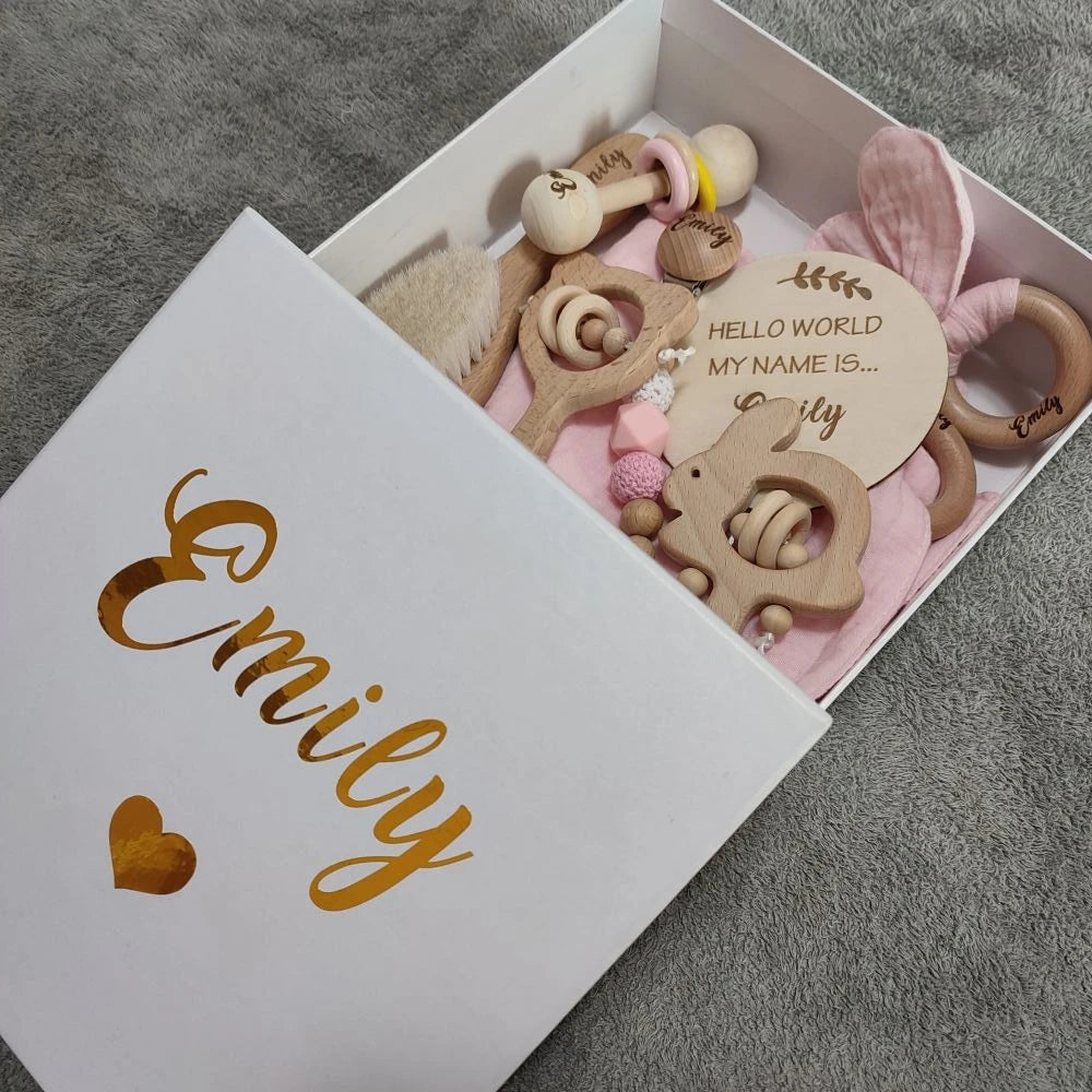 Baby Gift Box 8pcs with Personalized Name, Natural Wood Teether Rattle Set, Custom Baby Toy, Baby Name Announcement Baby Brush