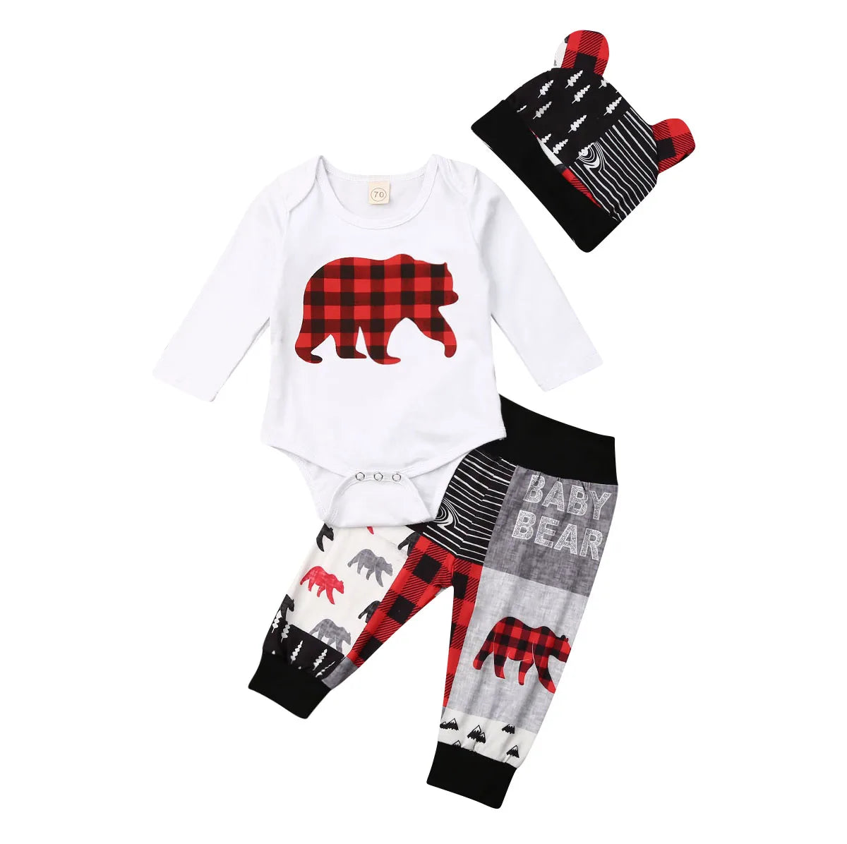 Plaid Bear Baby Outfit Set With Cozy Hat