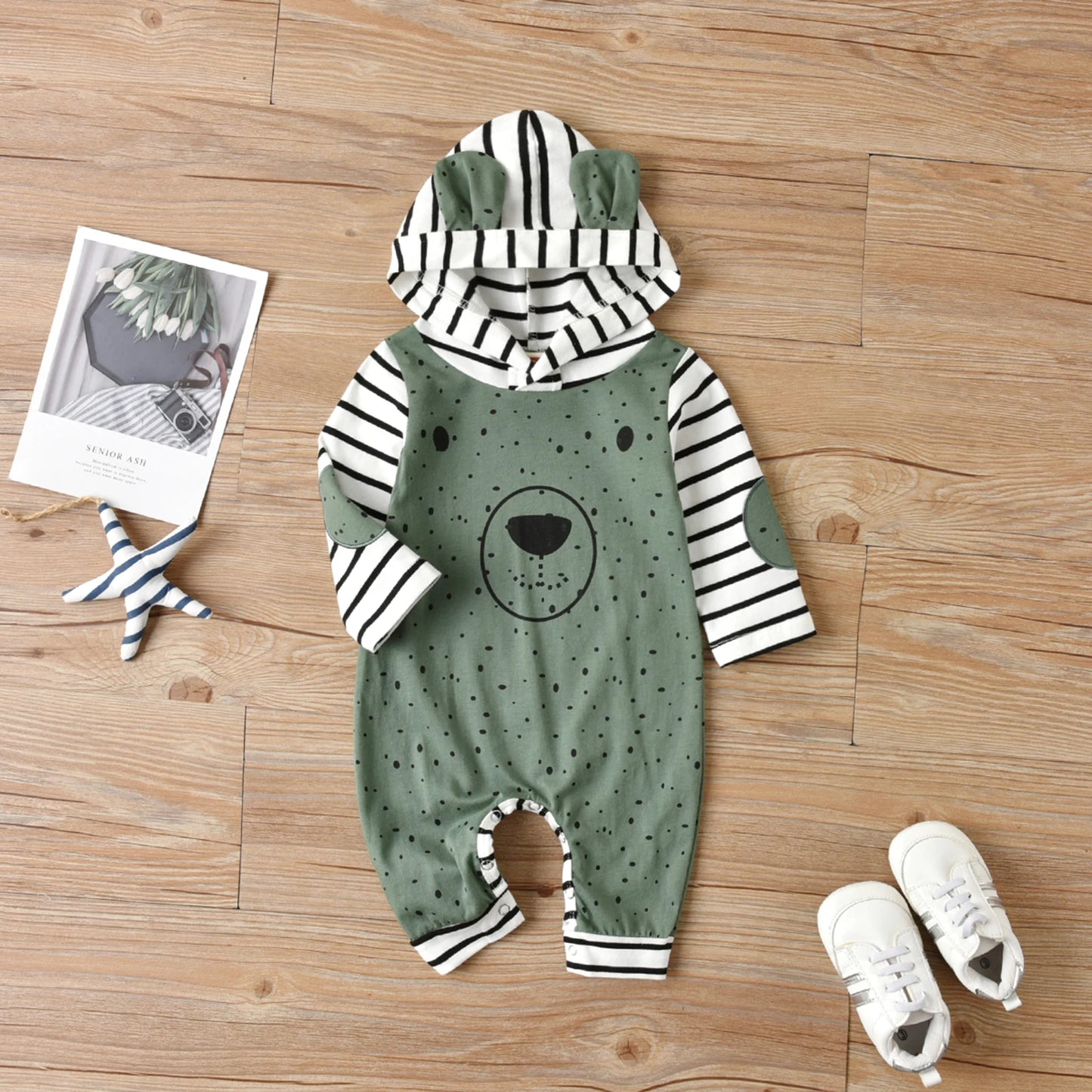 Citgeett Autumn Infant Baby Girls Boys Cartoon Rompers Dots Stripe Hooded Long Sleeves Jumpsuits Buttons Clothes