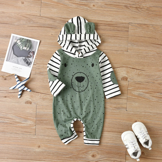 Citgeett Autumn Infant Baby Girls Boys Cartoon Rompers Dots Stripe Hooded Long Sleeves Jumpsuits Buttons Clothes