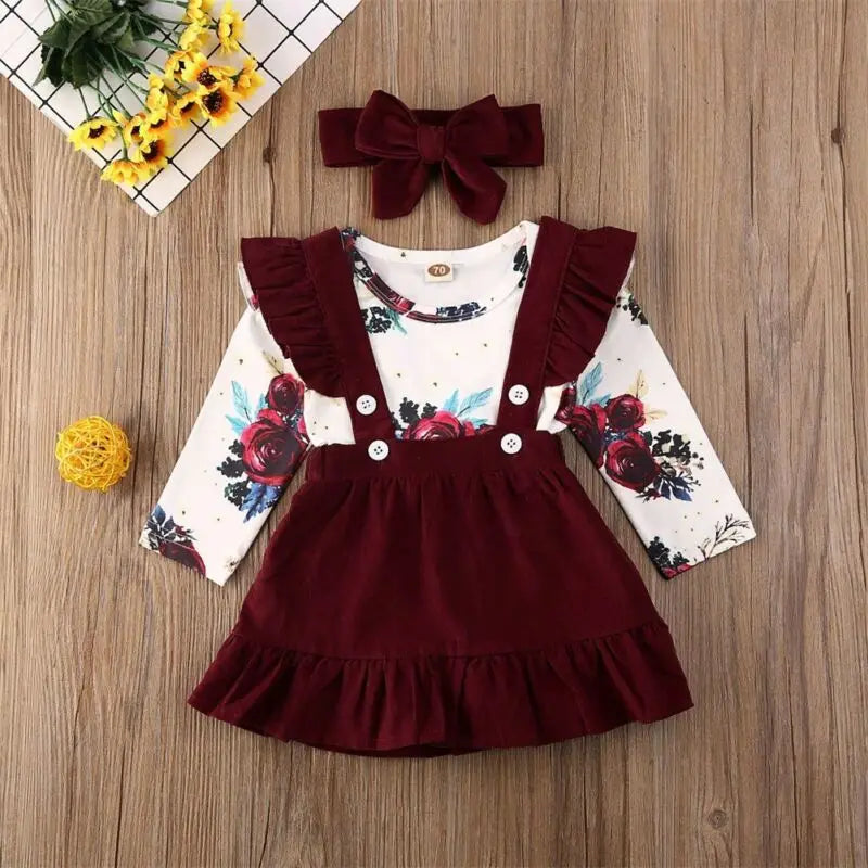 Citgeett Spring 3PCS Infant Baby Girl Floral Outfit Clothes Print Romper+Strap Skirts Dress Headband Autumn Set