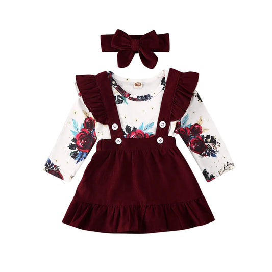Citgeett Spring 3PCS Infant Baby Girl Floral Outfit Clothes Print Romper+Strap Skirts Dress Headband Autumn Set