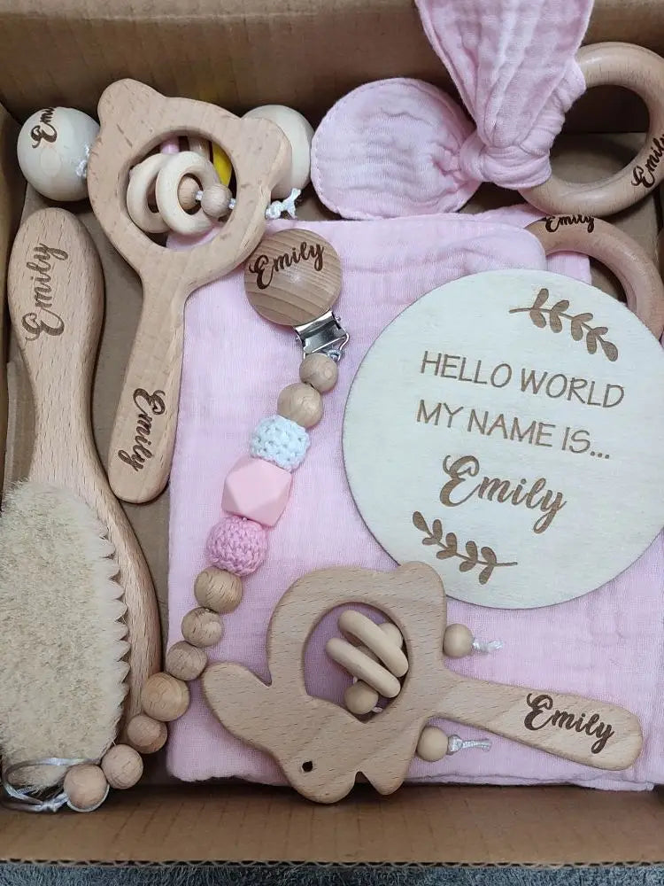 Baby Gift Box 8pcs with Personalized Name, Natural Wood Teether Rattle Set, Custom Baby Toy, Baby Name Announcement Baby Brush