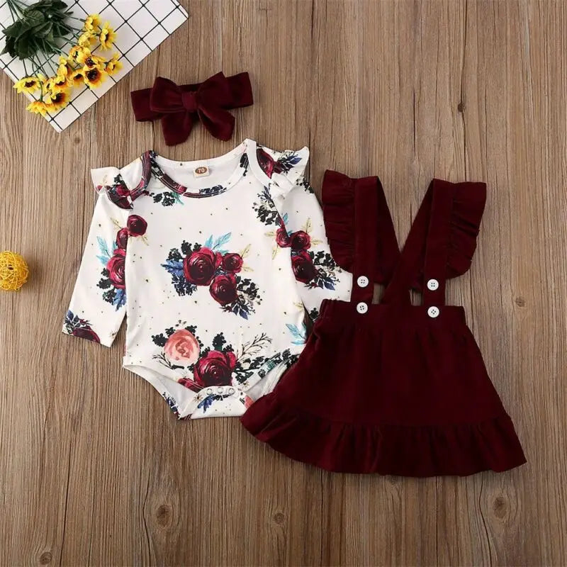 Citgeett Spring 3PCS Infant Baby Girl Floral Outfit Clothes Print Romper+Strap Skirts Dress Headband Autumn Set