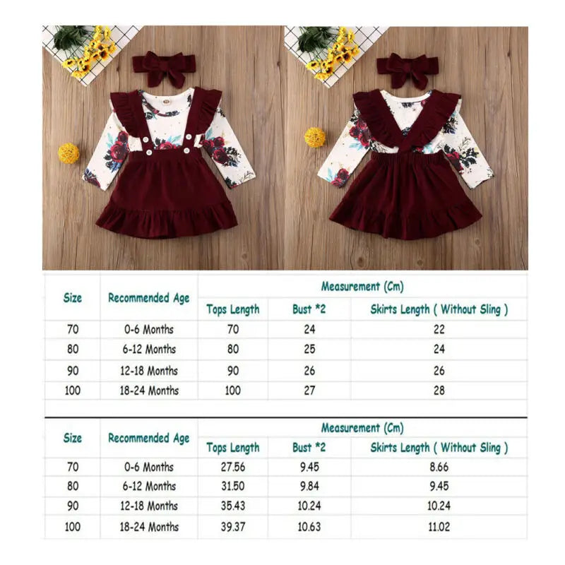 Citgeett Spring 3PCS Infant Baby Girl Floral Outfit Clothes Print Romper+Strap Skirts Dress Headband Autumn Set