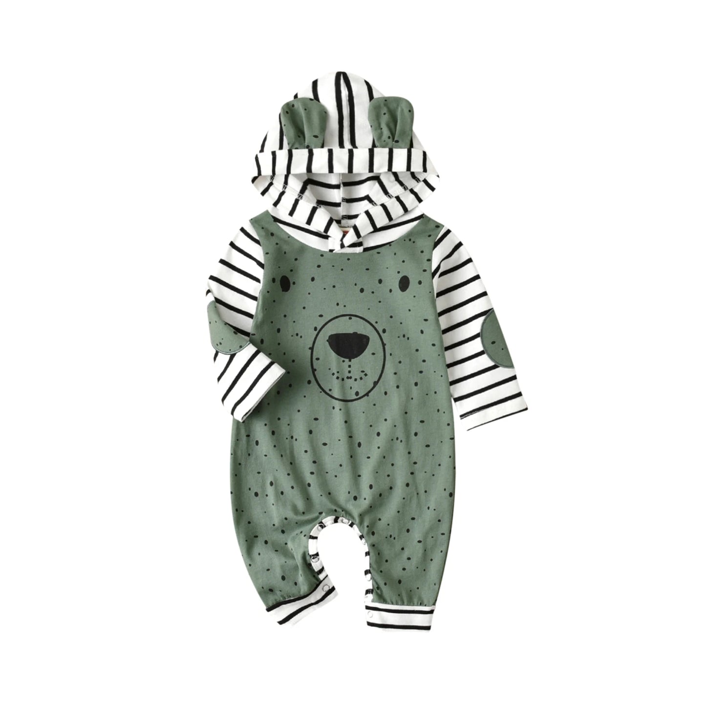 Citgeett Autumn Infant Baby Girls Boys Cartoon Rompers Dots Stripe Hooded Long Sleeves Jumpsuits Buttons Clothes