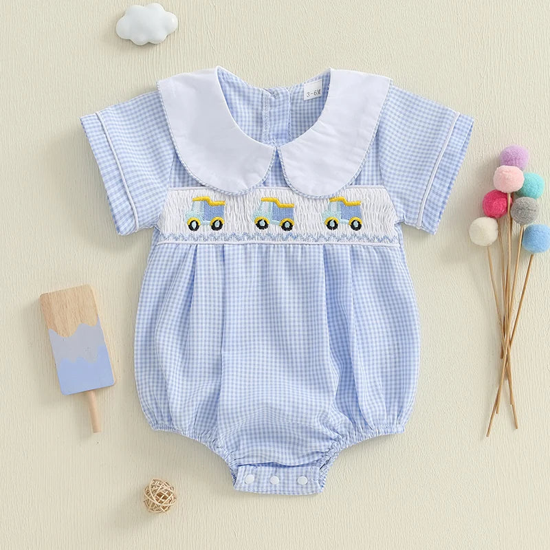 Blue Gingham Wheels Smocked Romper