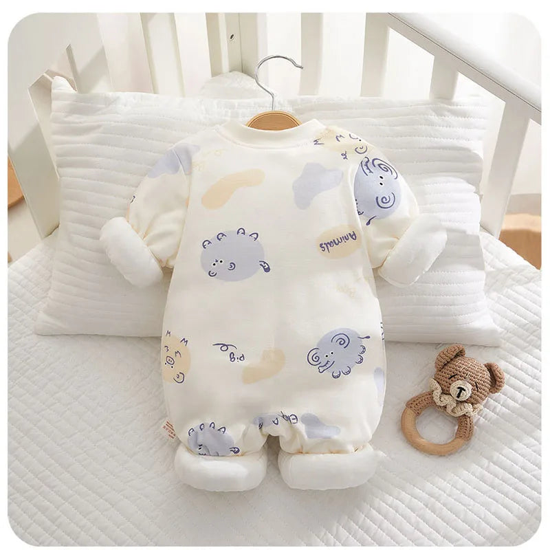 Xmas 2025 Winter 100% Cotton Thick Baby Jumpsuit Class A Skin Friendly 0-18M Side-release Button  Animal  Print  for Boys Girls
