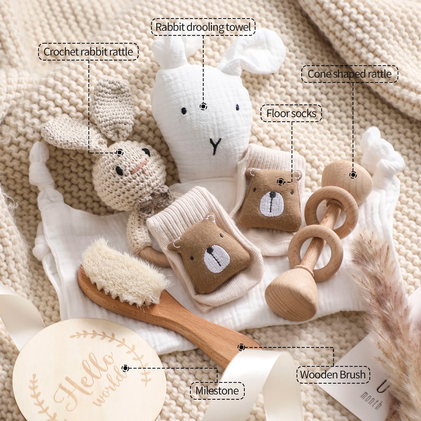 Baby Double Sided Cotton Blanket 7PCS Newborn Bath Set Gift Box Wooden Crochet Rattle Brushs Bracelet Towel For Baby Shower Gift