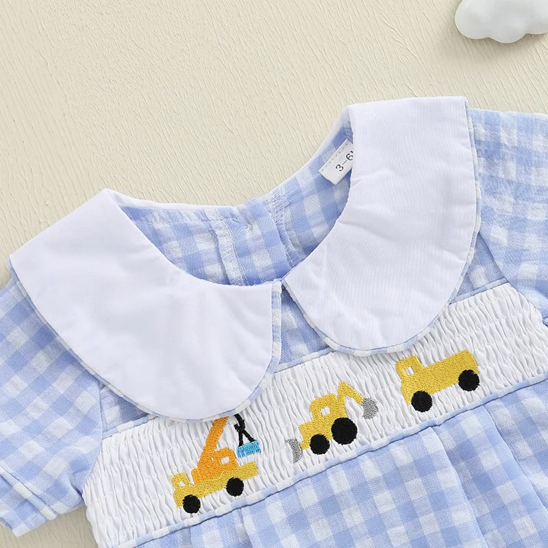 Blue Gingham Wheels Smocked Romper