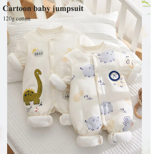 Xmas 2025 Winter 100% Cotton Thick Baby Jumpsuit Class A Skin Friendly 0-18M Side-release Button  Animal  Print  for Boys Girls
