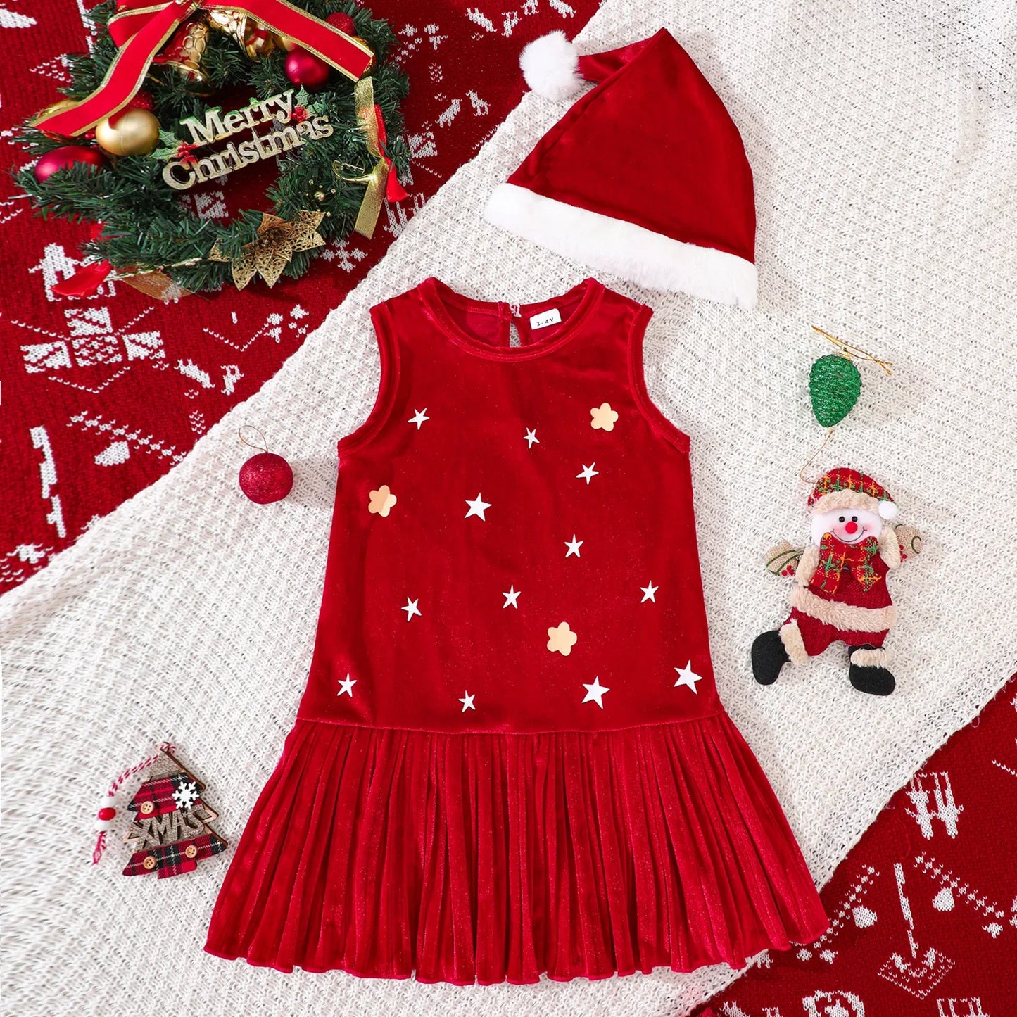 Girls Sleeveless Velvet Christmas Dress with Matching Hat