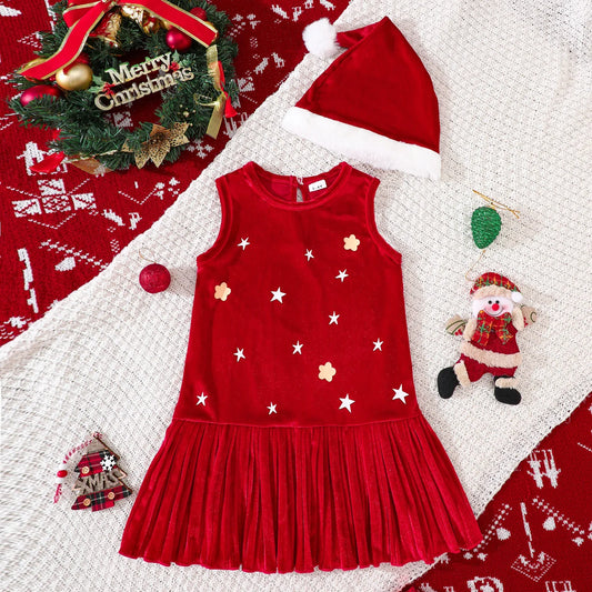 Girls Sleeveless Velvet Christmas Dress with Matching Hat