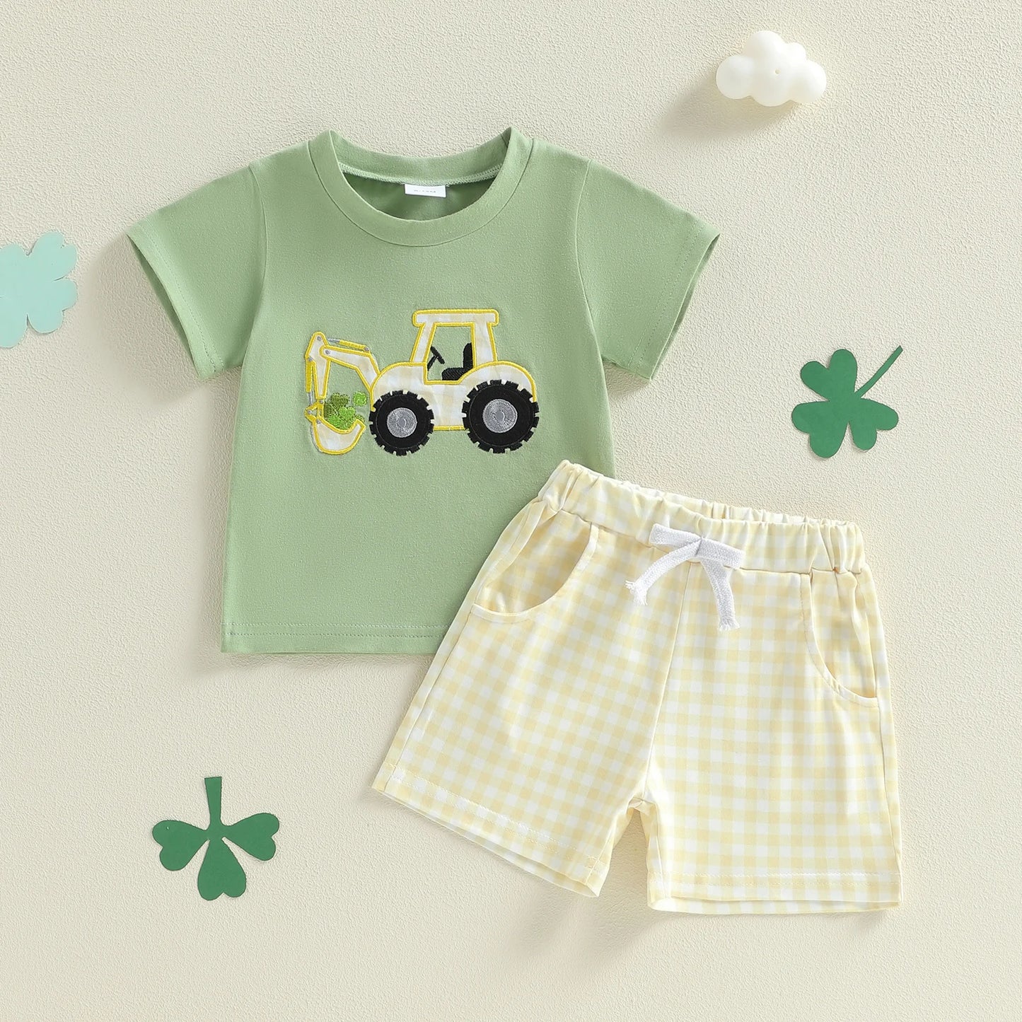 Tractor T Shirt and Gingham Shorts Baby Outfit Set