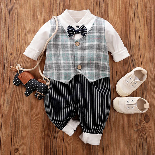 Vintage Styled Plaid Vest Gentleman Romper With Bow Tie