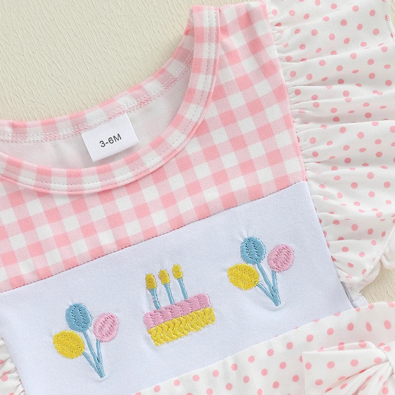 Gingham Birthday Romper with Embroidered Cake and Bows