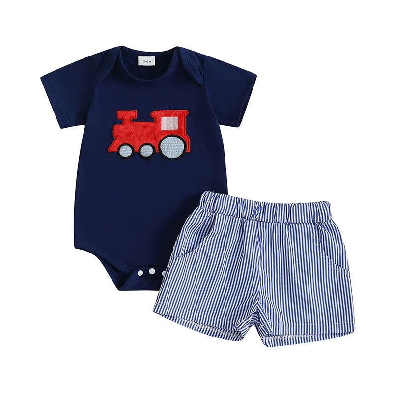 Train Appliqué Baby Boy Set – Navy Top and Striped Shorts