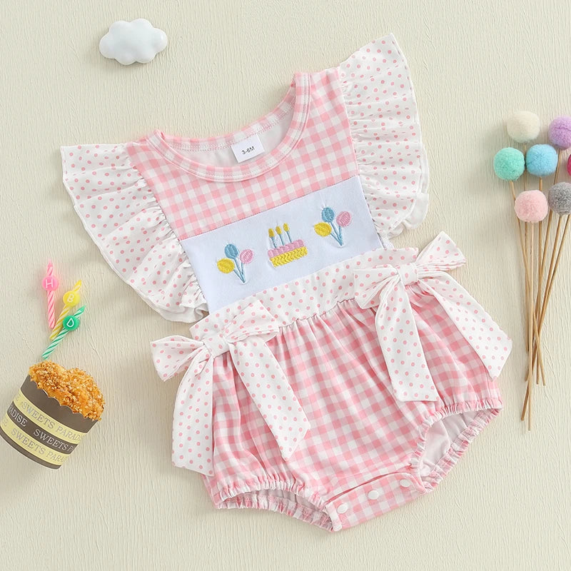 Gingham Birthday Romper with Embroidered Cake and Bows