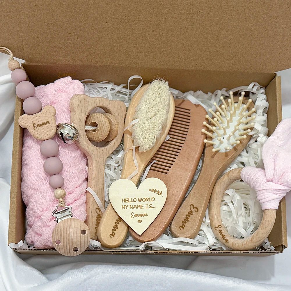 Baby Gift Box 8pcs with Personalized Name,Natural Wood Teether Rattle Set,Custom Baby Toy,Baby Name Announcement Baby Brush