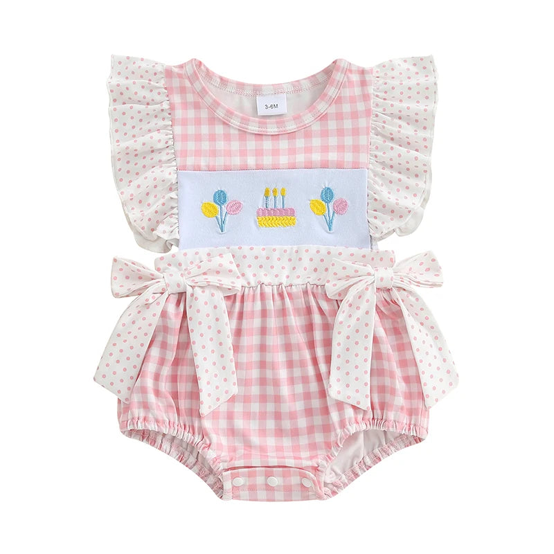 Gingham Birthday Romper with Embroidered Cake and Bows
