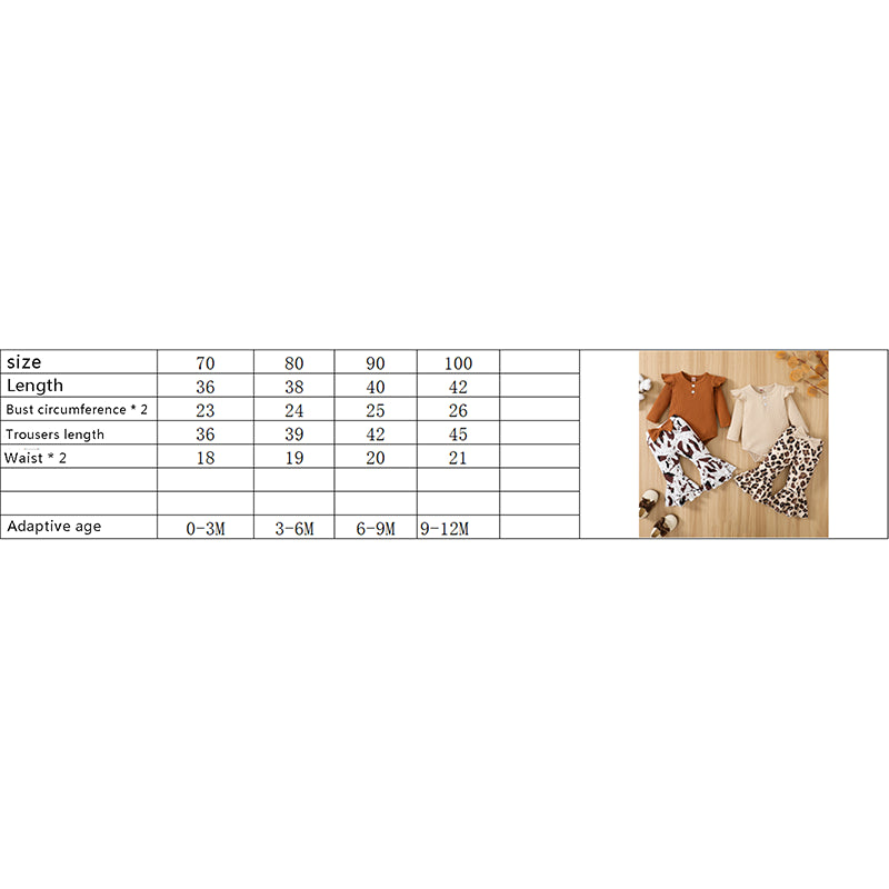 Citgeett Autumn Infant Baby Girls Jumpsuit Solid Color Ribbed Fly Sleeve Romper + Leopard Flare Pants Spring Clothes