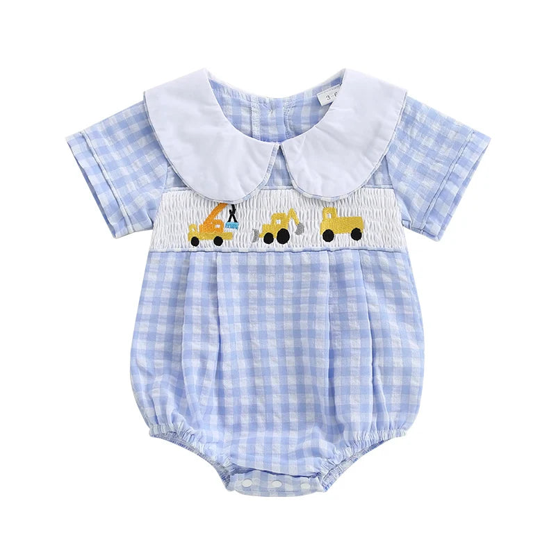 Blue Gingham Wheels Smocked Romper