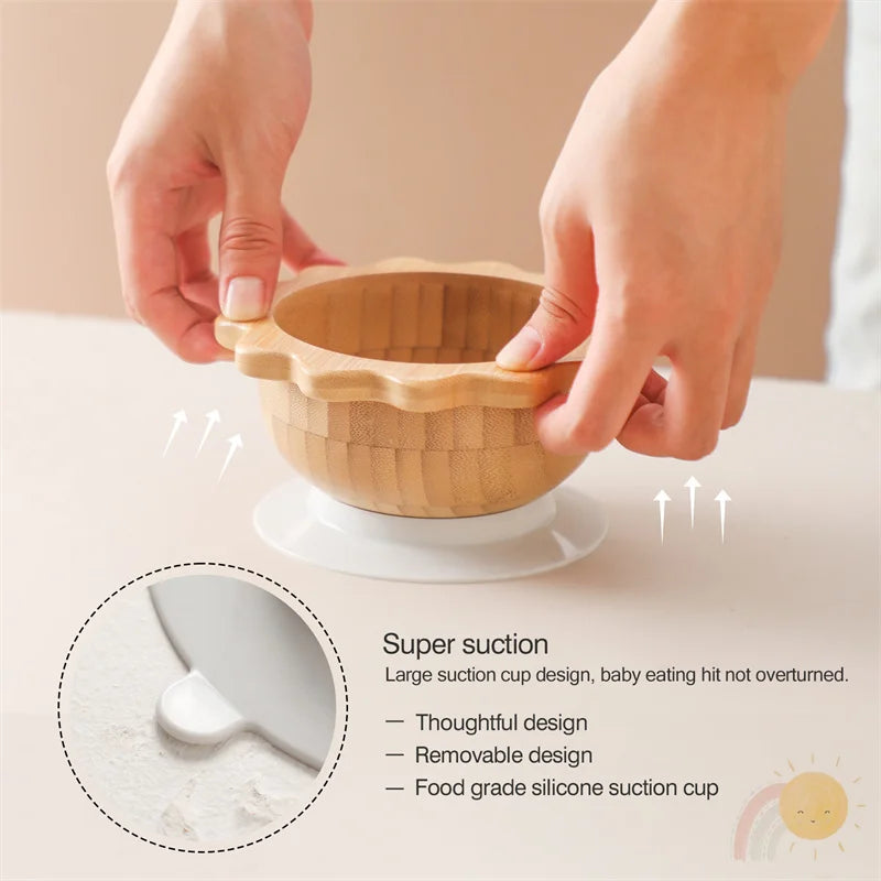 Bamboo Baby Feeding Bowl with Suction Base & Utensil Set