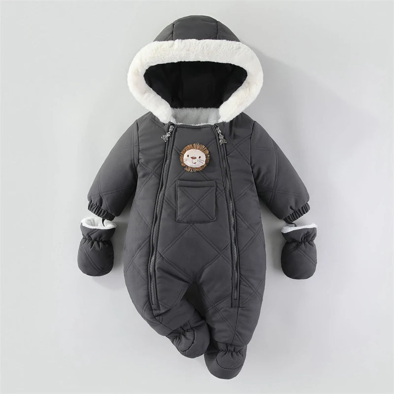 Cozy Plush Baby Snowsuit with Animal Patch, Available in 3 colors