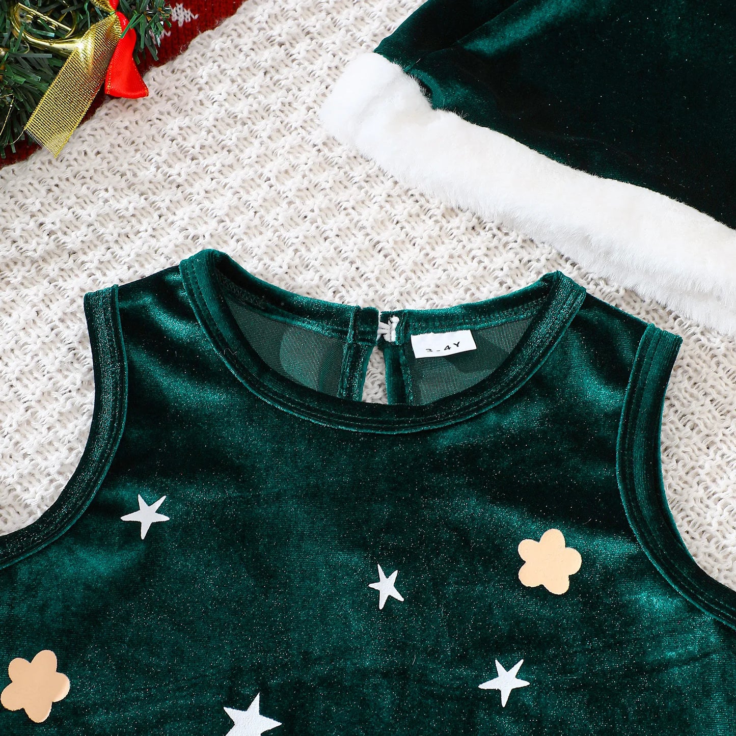 Girls Sleeveless Velvet Christmas Dress with Matching Hat