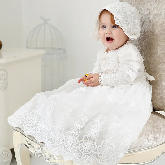 Classic Long-Sleeve Lace Christening Gown with Bonnet