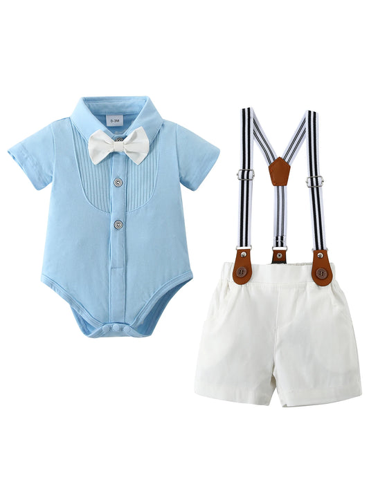 Baby Gentleman Suspender Shorts Set with Bow Tie Bodysuit