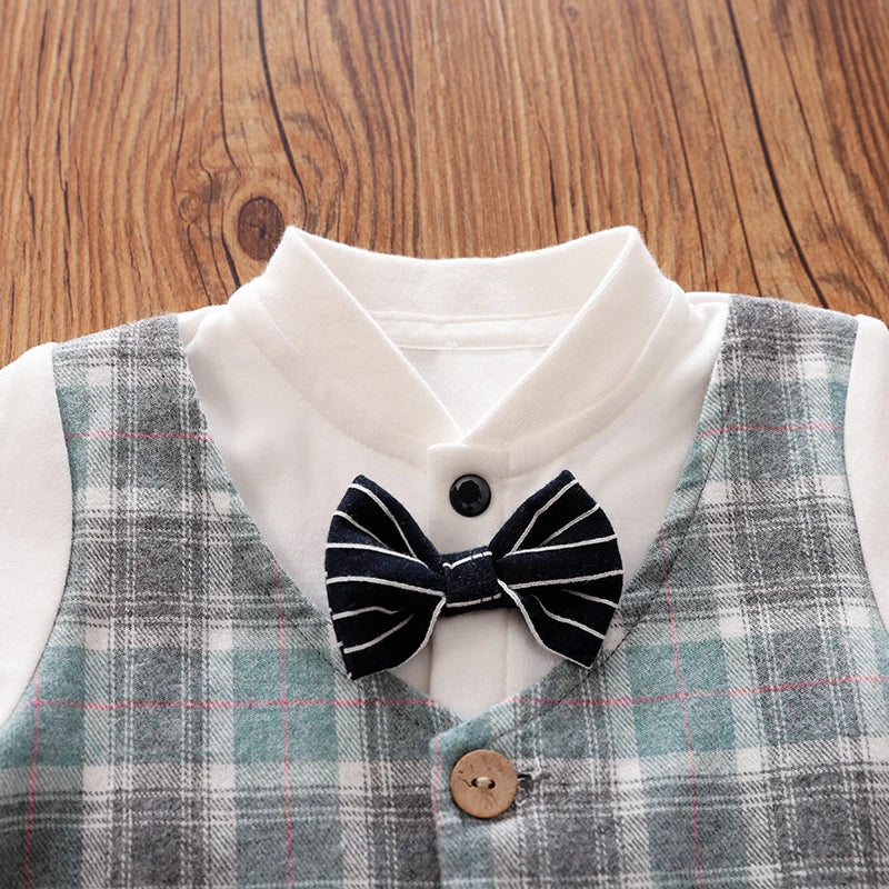 Vintage Styled Plaid Vest Gentleman Romper With Bow Tie