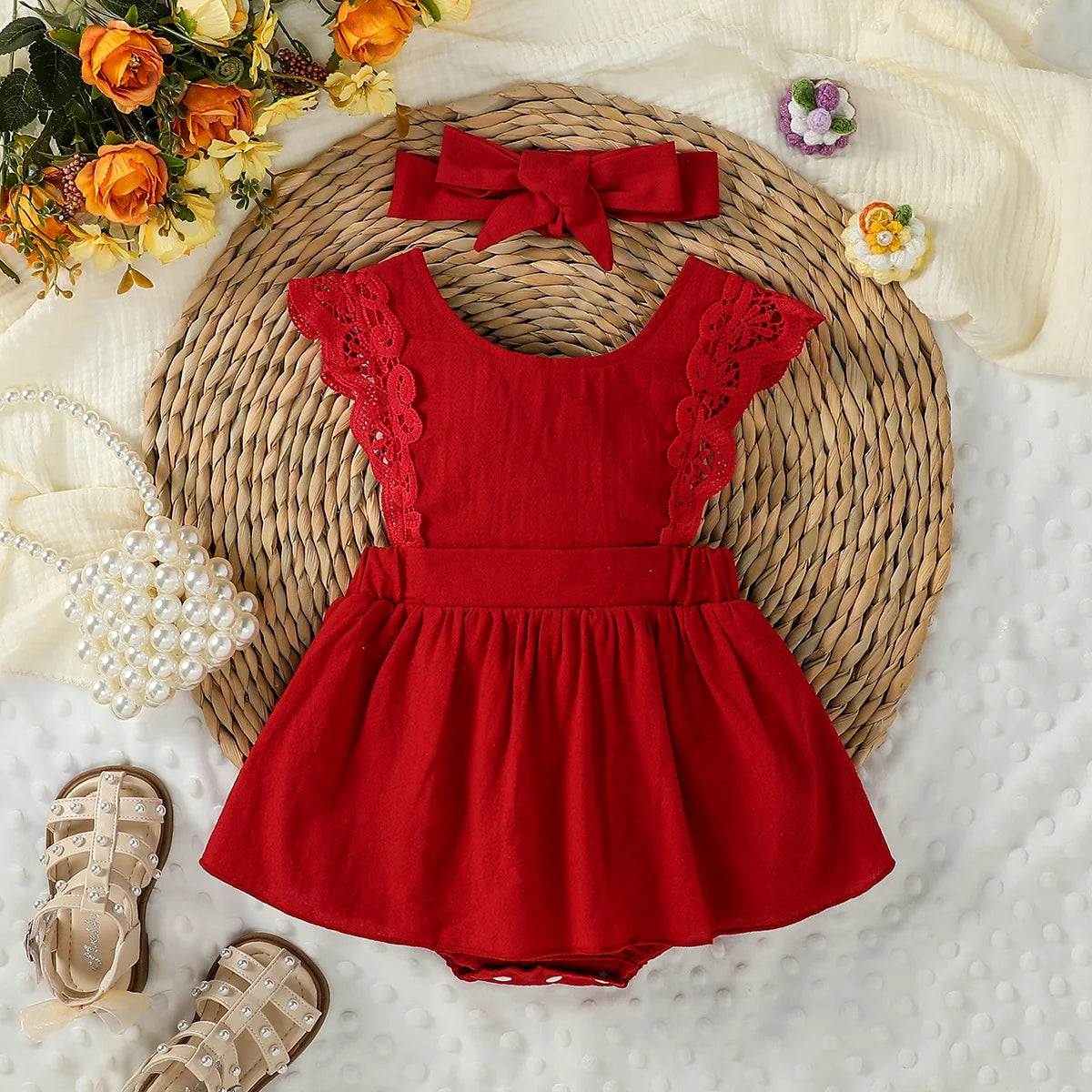 Ruffle Romper Set with Headband – Rust or Red