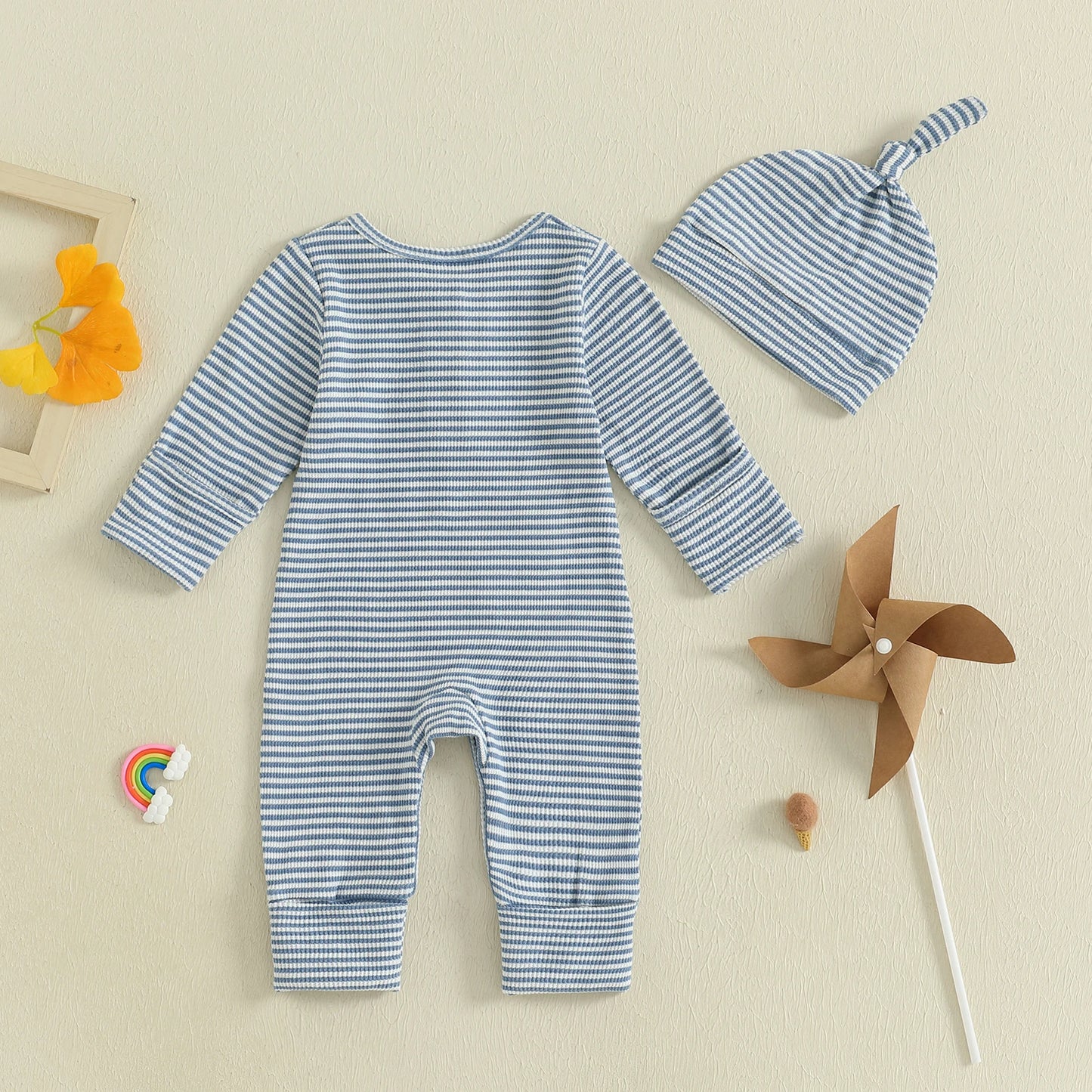 Striped Ribbed Onesie & Hat Set