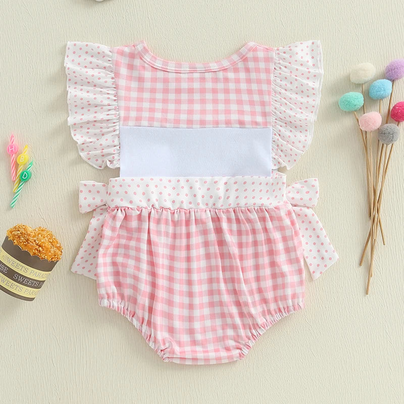 Gingham Birthday Romper with Embroidered Cake and Bows