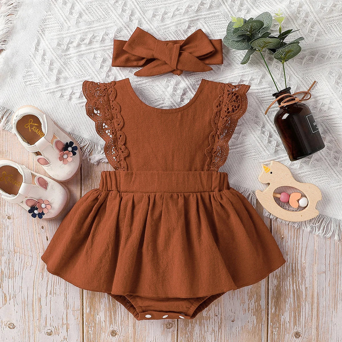Ruffle Romper Set with Headband – Rust or Red